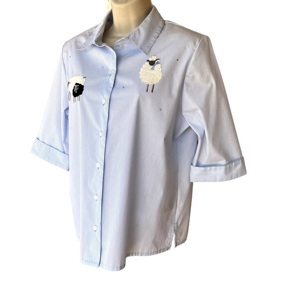 Vtg Allison Daley Cotton Blend Pinstripe Button Shirt 3/4 Sleeve 12P Sheep Bling - Picture 3 of 10